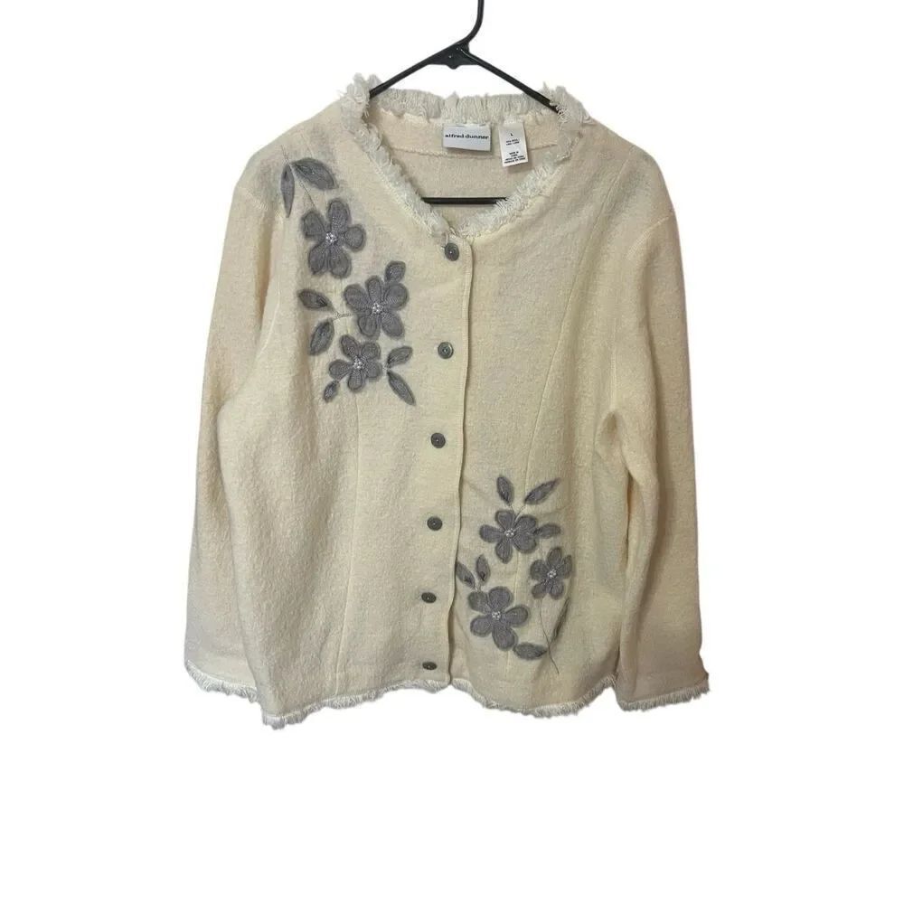 Alfred Dunner wool cardigan floral embellishment and pearls sz L